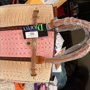 Diophy Pink and Tan Croc-Embossed Tote